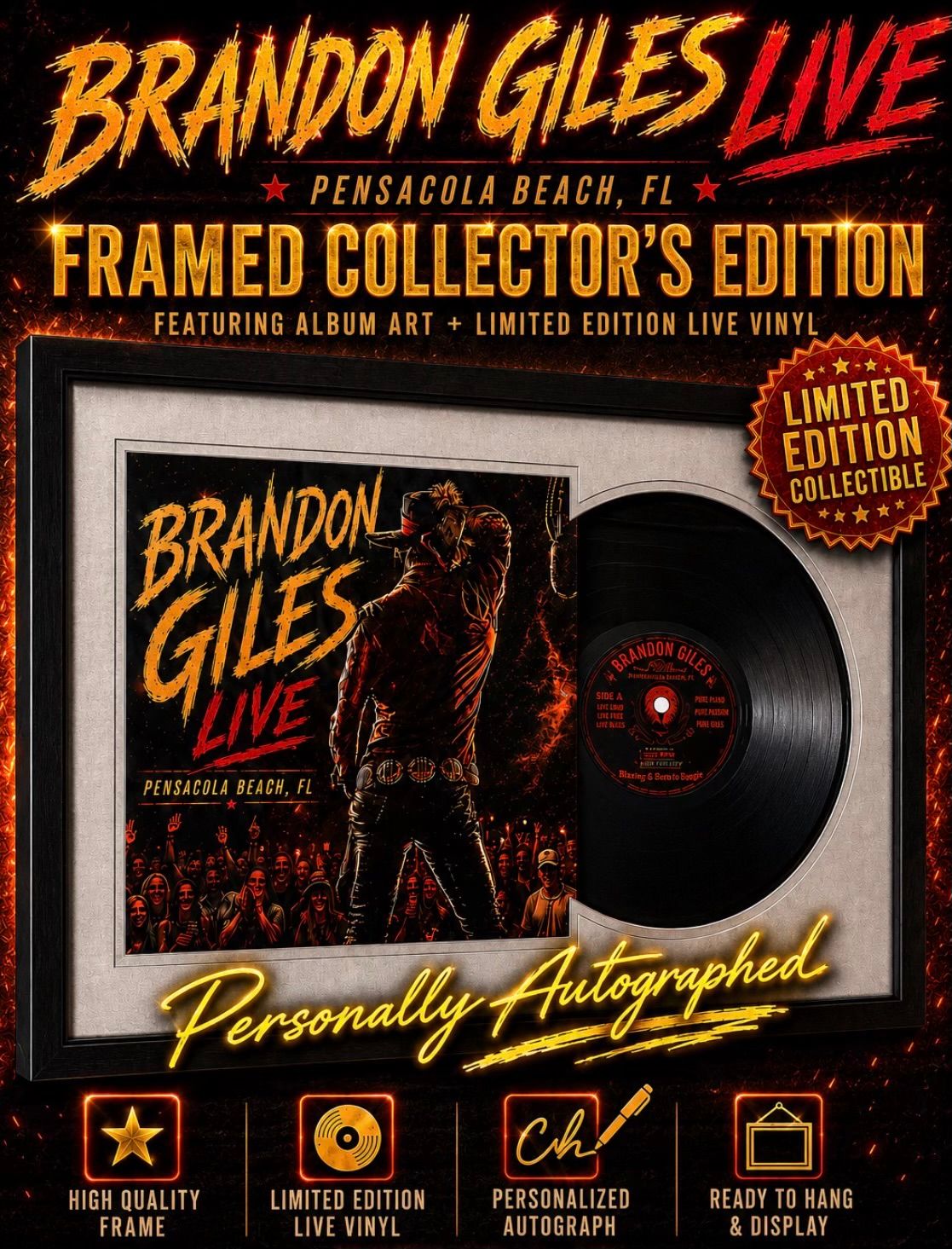 Framed autographed “Brandon Giles Live” Vinyl Album
