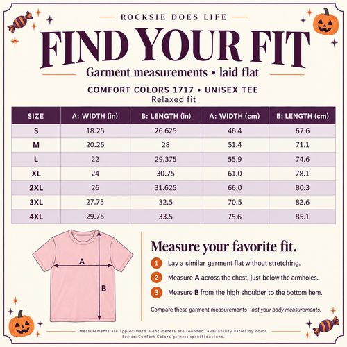 T-shirt size guide — Comfort Colors 1717 unisex tee, sizes S–4XL, garment measurements in inches and centimeters. Click to enlarge.