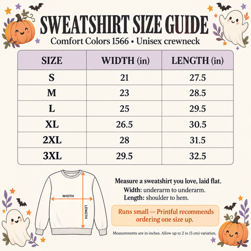 Sweatshirt size guide — Comfort Colors 1566 unisex crewneck, sizes S–3XL. Click to enlarge.