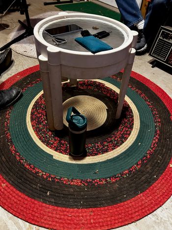 In The Pickin Shed... Jude presented Sparky with this awesome new Handmade Rug she made.
