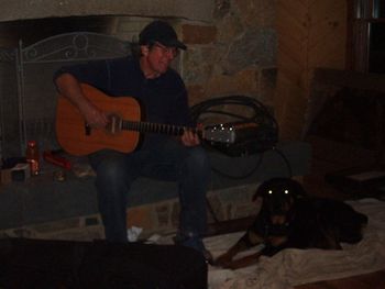 Taking a break on a woodworking installation. Under watchfull eyes.
