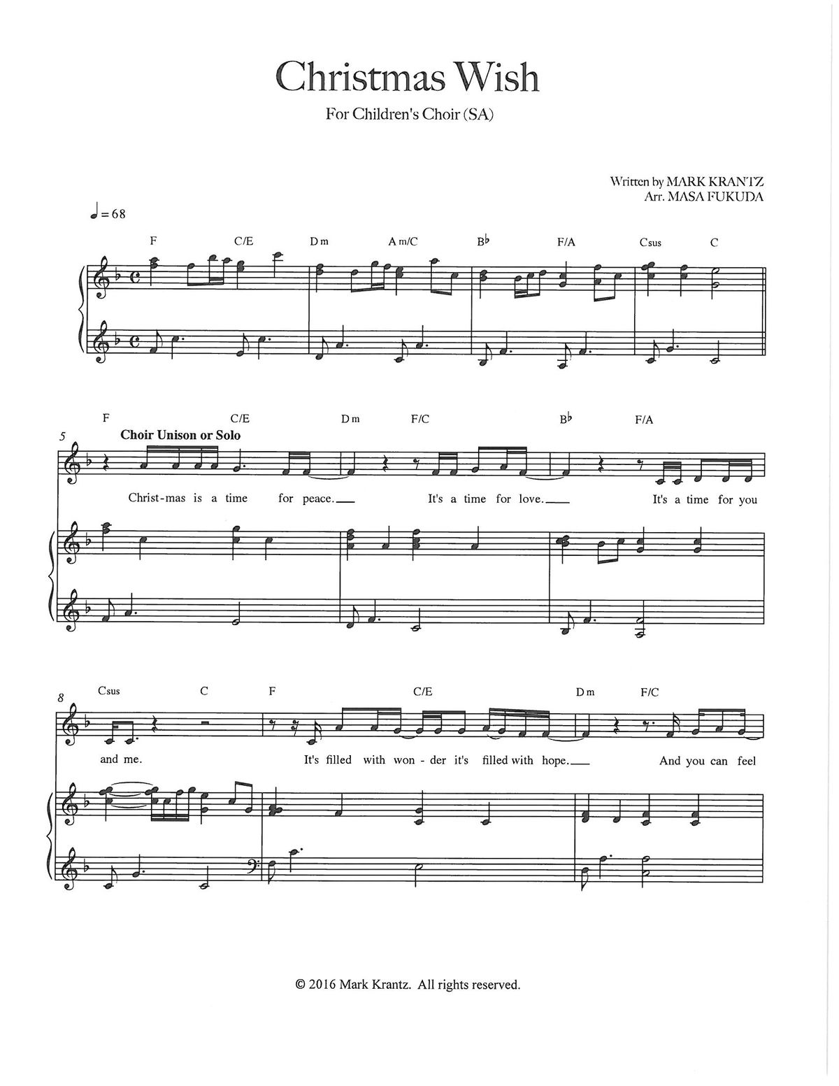 "Christmas Wish" Soprano/Alto Choral Sheet Music with Piano