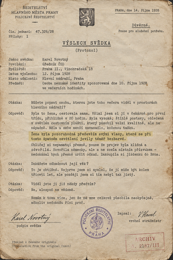 Prague - 1928 - Witness Statement - Original (See translation)

