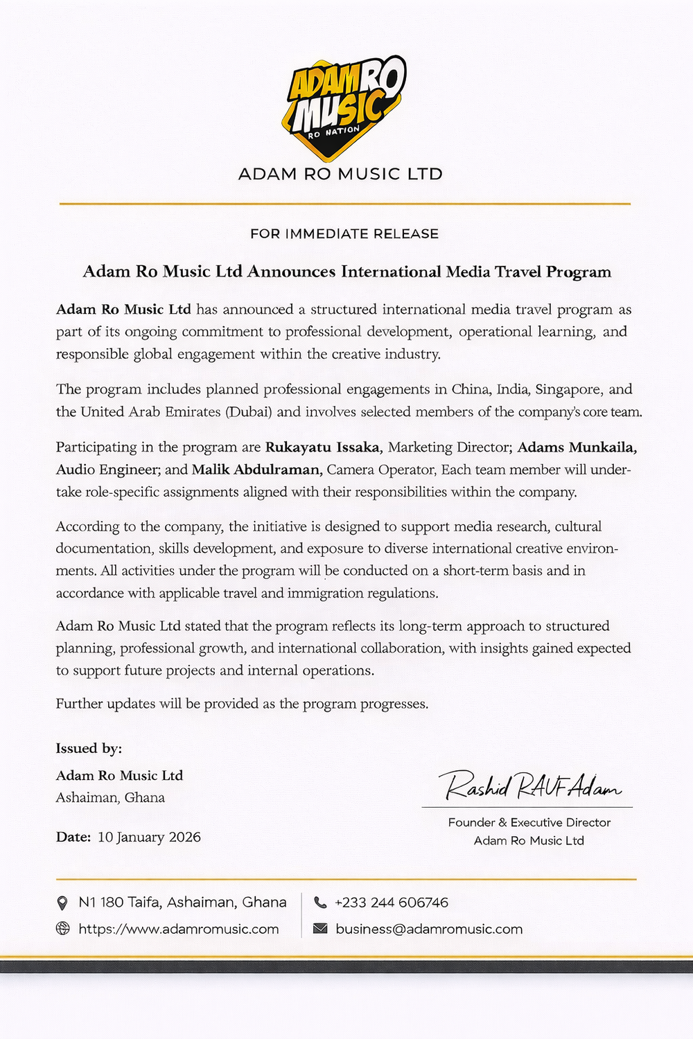 Official press release issued by Adam Ro Music Ltd announcing its International Media Travel Program and professional engagements across Asia and the Middle East.