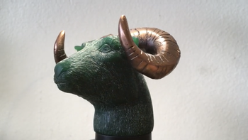 Ram Goblet Bottom - this piece presented a series of challenges, as the customer supplied the horns from another piece to plug into the cranium. Achieving this required accounting for size/compression variances through a multi material, multi step mold making process involving lost wax in phase 1 and then a further 3 phases of vulcanized rubber molds to arrive at 'production ready'. In the end, it worked out perfectly. Phew! What you see here is the original wax carving I created for the lost wax mold phase.
