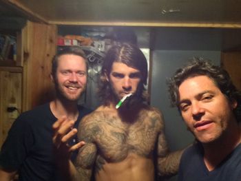 Recording weekend of "Invisible" at Sequoyah's (left) studio in Manila, CA with Mat Stockton (center) getting ready to go to bed after drumming for the song.
