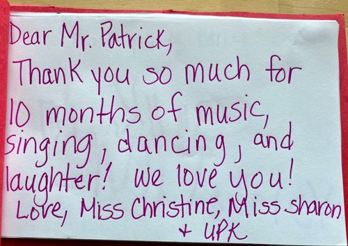 A thank you note to Mr. Patrick from teachers at Staten Island Preschool.