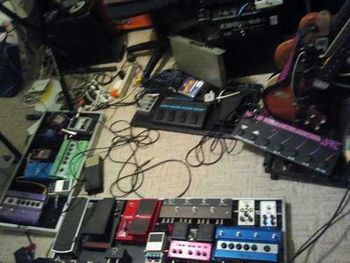 Robot beings set-up 11/2011 Three pedal boards Pedal racks, Lizards 1, and Eye of RA boards.
