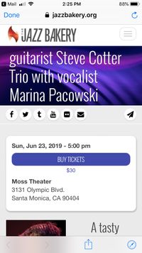 Marina Pacowski and Steve Cotter’s Trio at the Jazz Bakery 