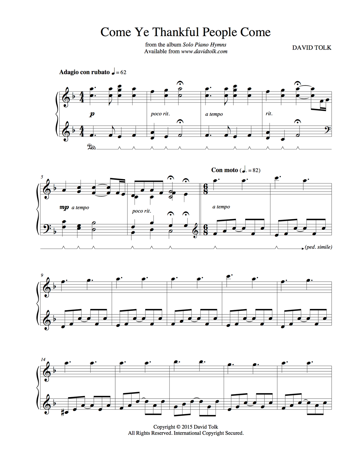 Sheet Music - Come Ye Thankful People Come (Solo Piano)