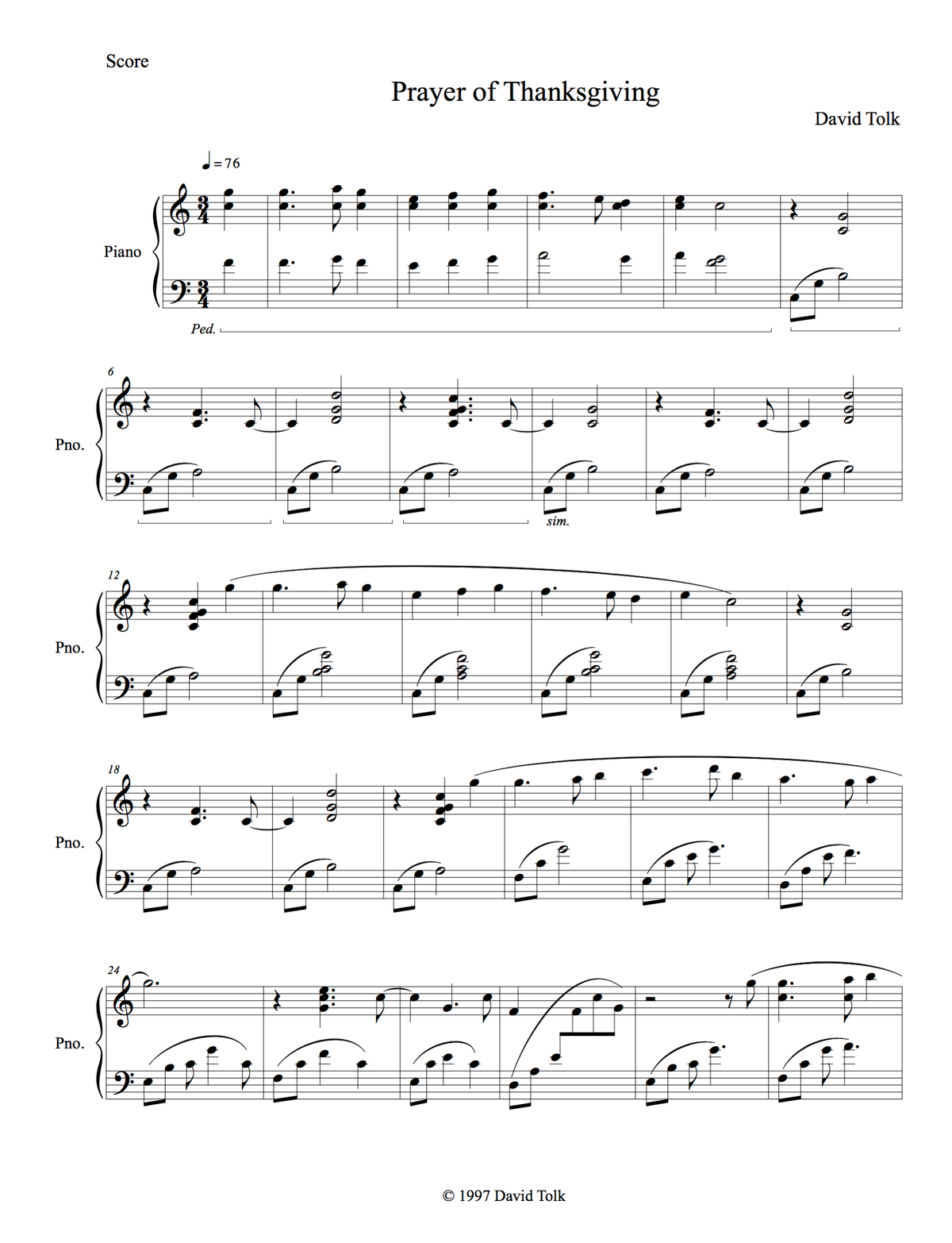 Sheet Music - Prayer of Thanksgiving - Piano and String Quartet