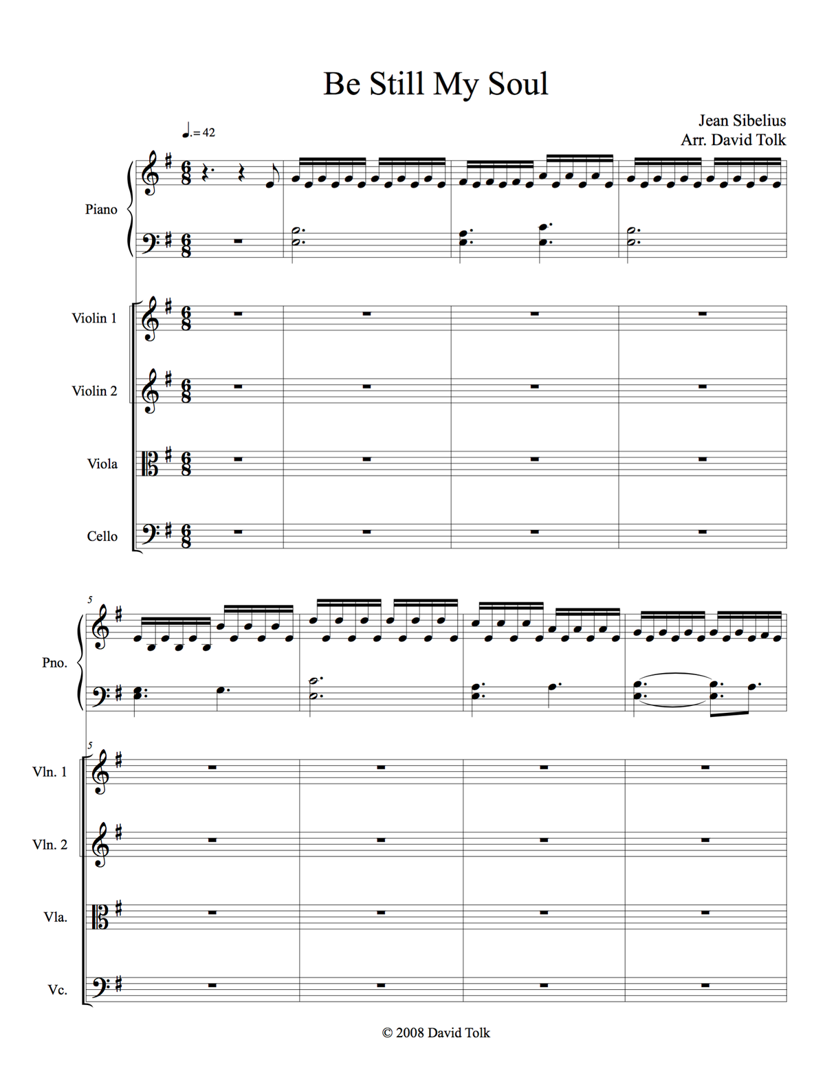 Sheet Music - Be Still My Soul - Piano, Violins, Viola, Cello