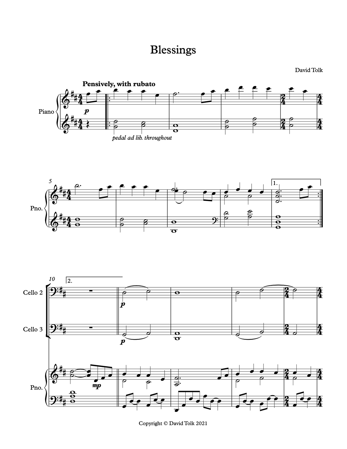 Sheet Music - Blessings - Piano and Cello