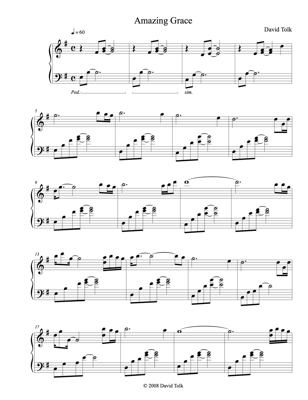 Sheet Music - Amazing Grace (Solo Piano)