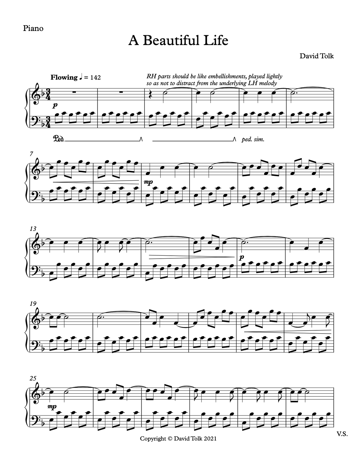 Sheet Music - A Beautiful Life - Piano & Cello Trio