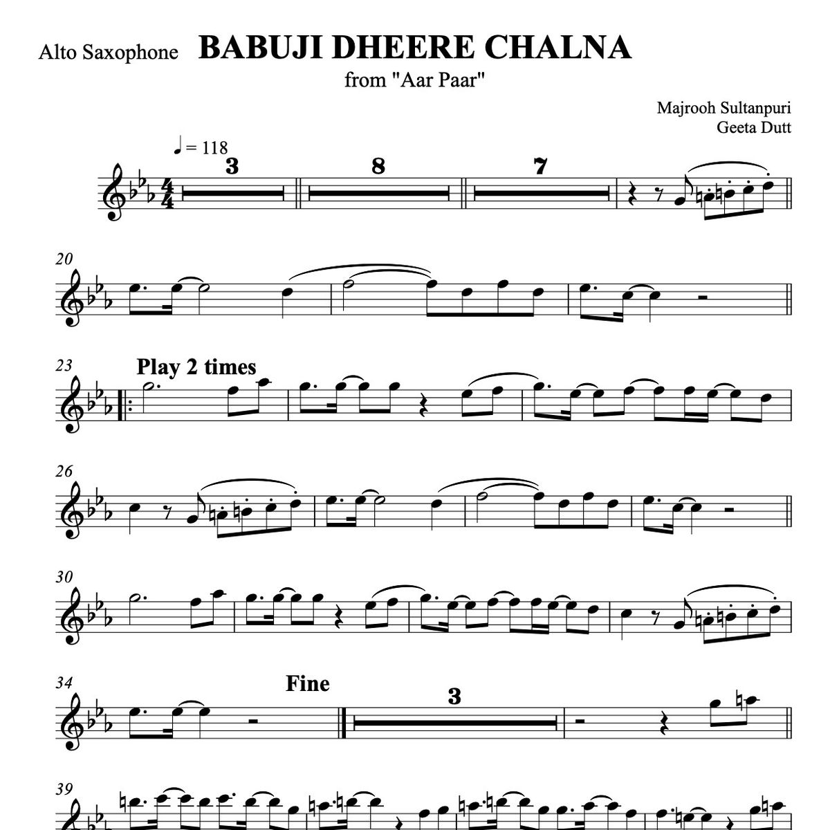 BABUJI DHEERE CHALNA for Alto Saxophone