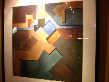 "City Center" is one of the favorites at the Club. All of the abstracts in the Trainers Club series had to be non representational, contain some black gouache, and some copper acrylic. Copper is one of the themes in the furnishings, and art work throughout the club. The work was done on 140 lb Arches watercolor paper and floated on the matting.
