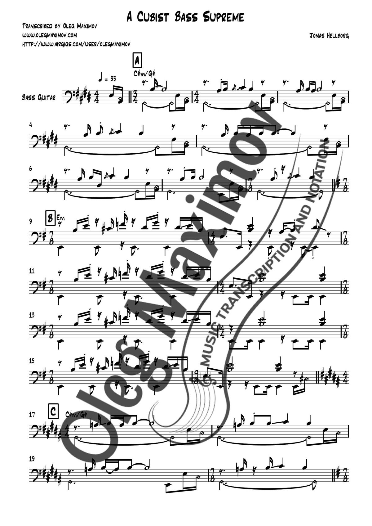 Jonas Hellborg - A Cubist Bass Supreme Bass Transcription