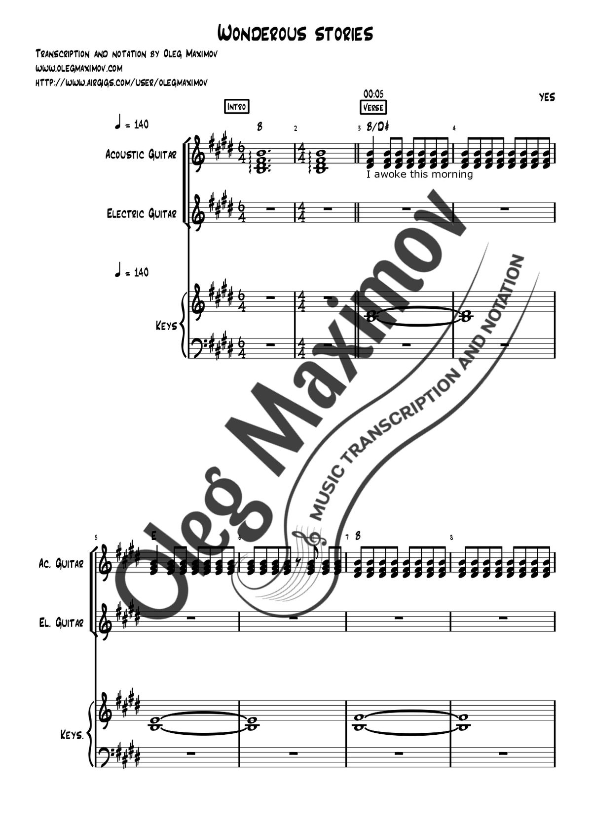Yes - Wonderous Stories Full Band Transcription