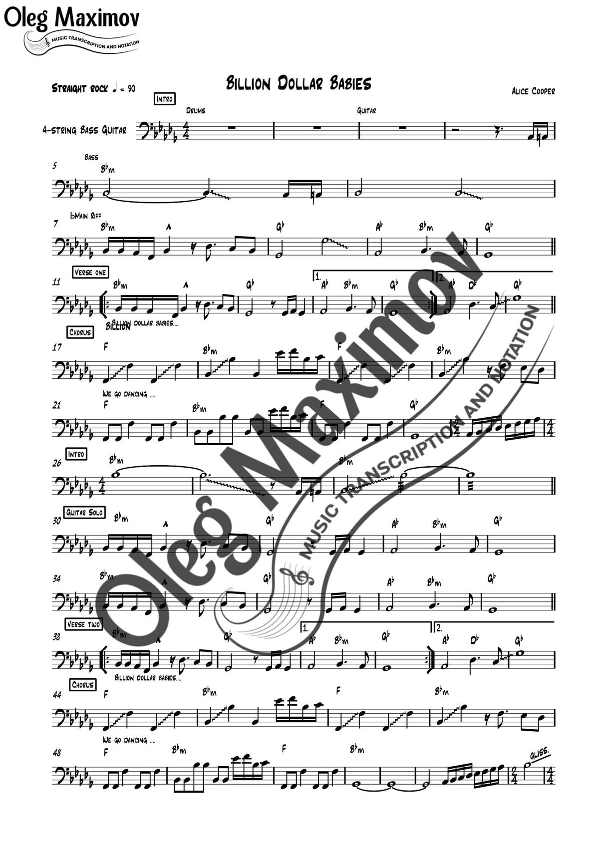 Alice Cooper - Billion Babies Bass Transcription