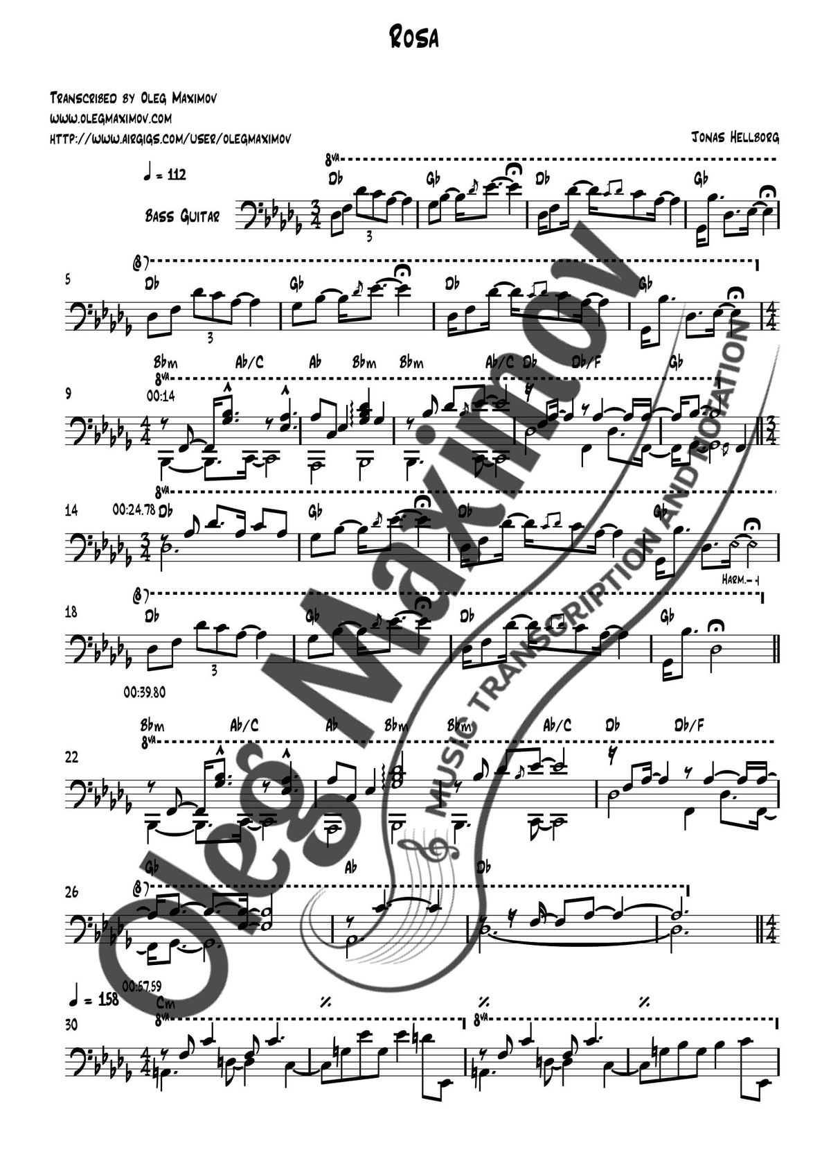 Jonas Hellborg - Rosa Bass Transcription