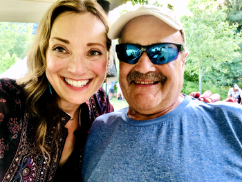 Lisa Bodnar enjoying the after show camaraderie at the Summer Solstice Evening with local musician, vocalist with the Legacy Rock & Roll Band, Bunny Mclean.
