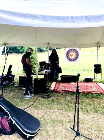 Dann and Leo load into the performance tent at Andrews Farm in Emporium for the PA67 Tour Cameron County stop with Lisa Bodnar and Whistlegrass.
