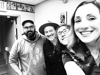 Shawn Cavanaugh, Dann Araque, Drew Fournier, and Lisa Bodnar in the green room at the Keystone Theatre in Towanda on the PA67 Tour on September 8.
