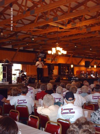 Mr. Mike Linkous talks to the crowd. He brought four tour buses to the NQC and Huber's Farm. Wow!
