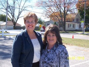 Deb and Anna getting ready to go on stage outside in Shipshewana, IN.
