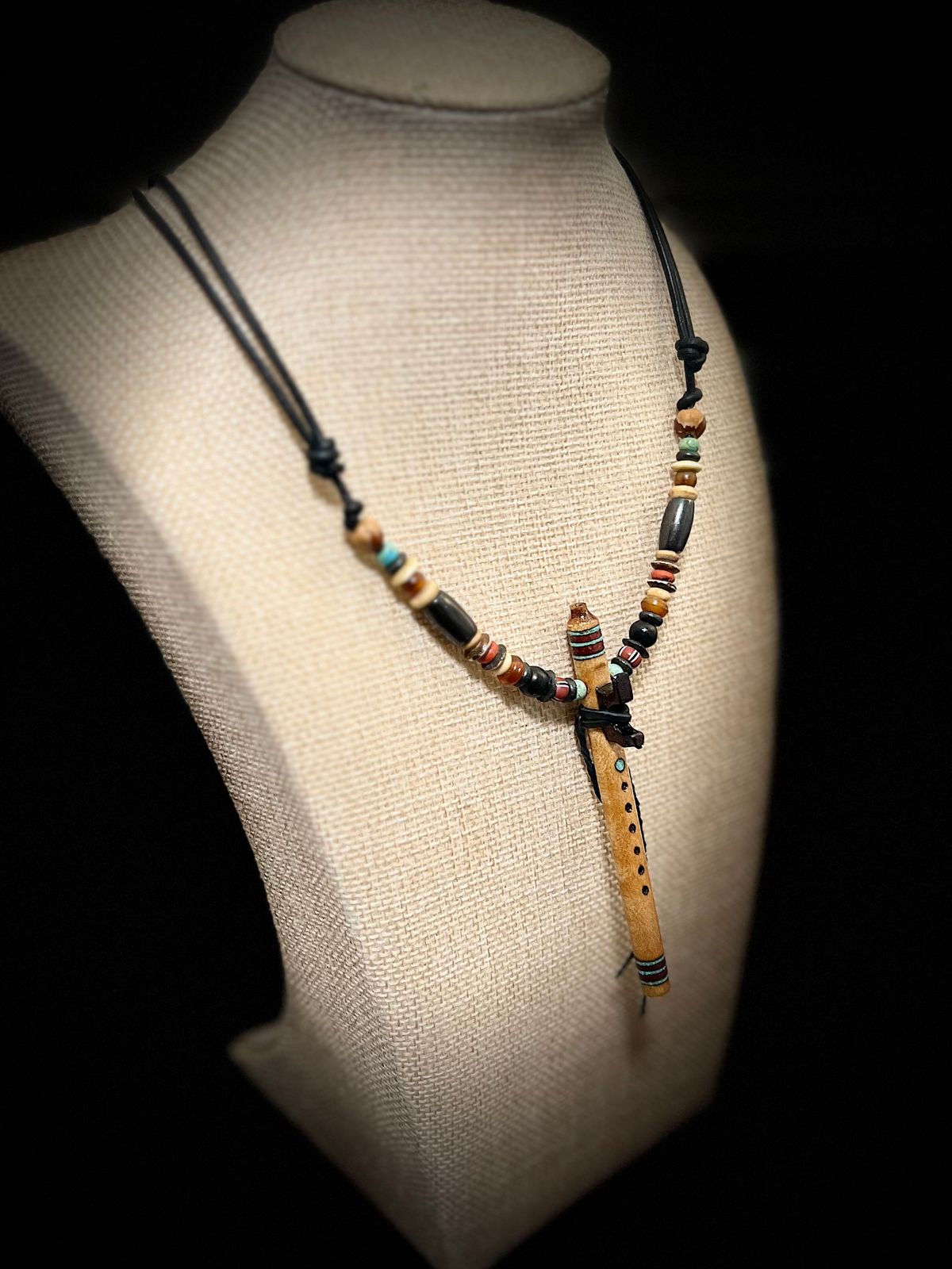 Curly Maple Wood Miniature Flute Pendant with Sleeping Beauty Turquoise Inlay