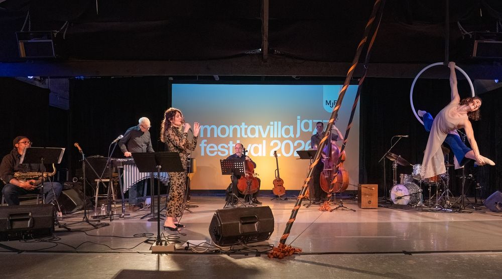 Shelly Rudolph performing the world premiere of Orfea Rising, a jazz myth suite, at the 2026 Montavilla Jazz Festival with live ensemble and aerial dance.