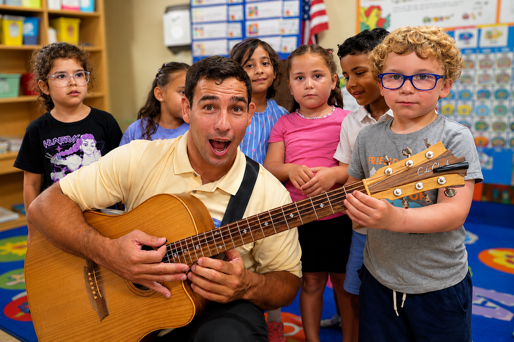 Johnny Walylko performing an interactive children's music program for preschool students with live guitar, singing, and movement.