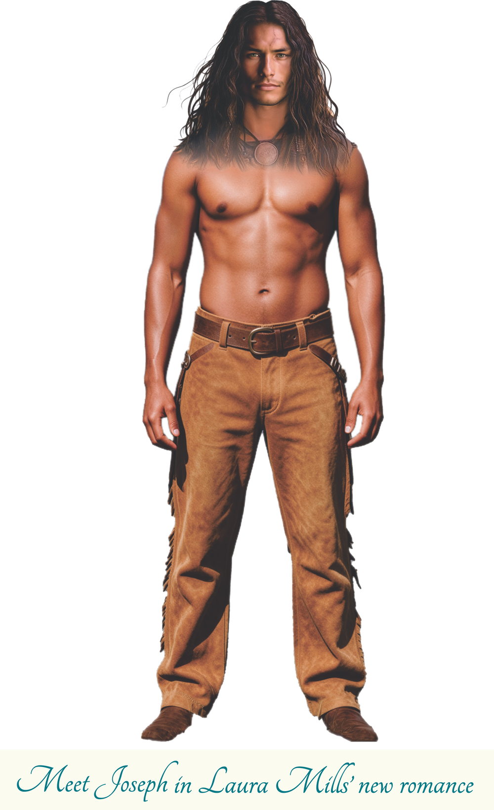 Native American Indian man standing facing forward, bare chest with buckskin pants on.