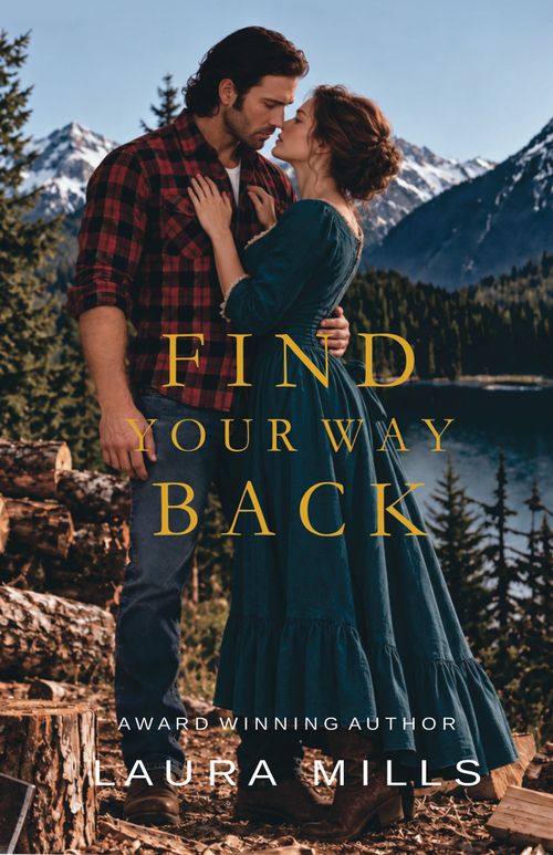 A lumberjack and a frontier woman are embracing in an almost kiss in the Alaskan wilderness, with snowy mountains behind them and spruce trees surrounding them.