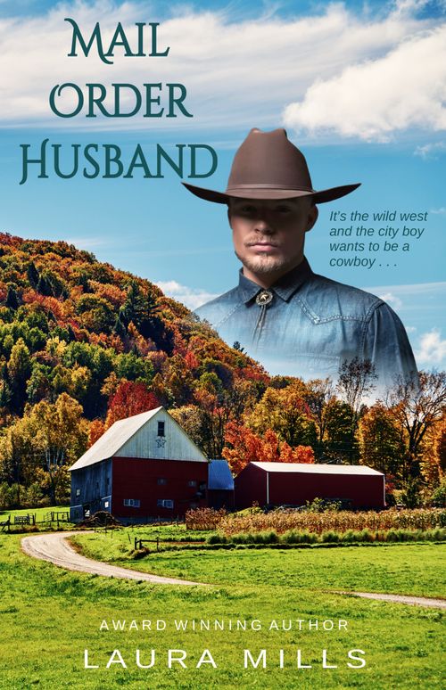 A cowboy behind colorful trees and a red barn