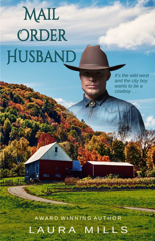 A cowboy behind colorful trees and a red barn