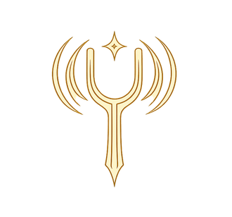 Antique gold Resonance Glyph combining a tuning fork, sound waves, and Santoor-inspired lines to represent music, vibration, and future sound.