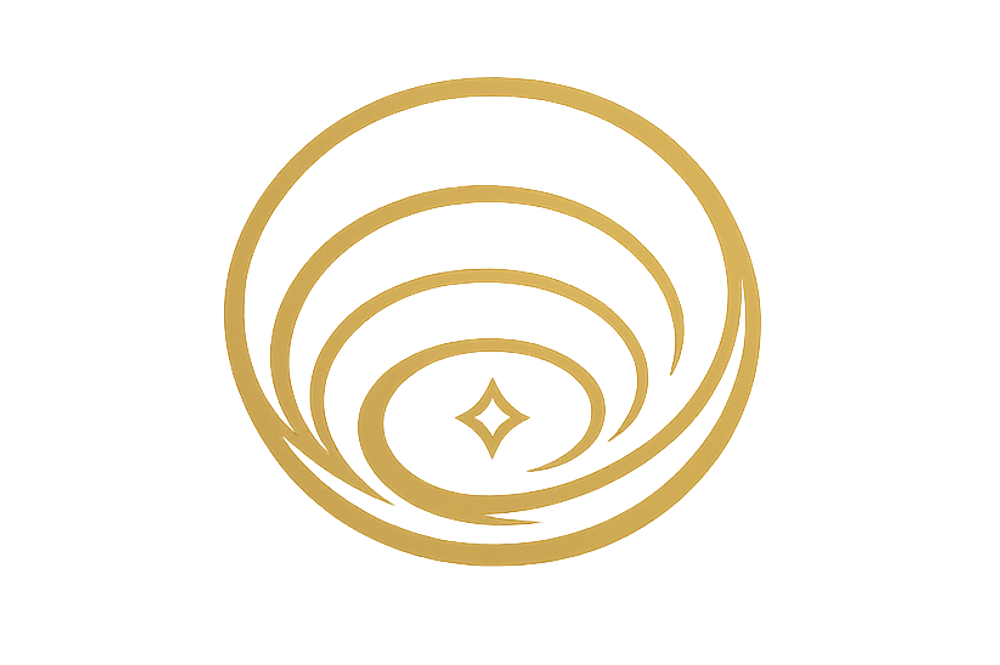 Antique gold Unity Spiral circling a central star, representing integration, return, movement, and many expressions belonging to one whole.
