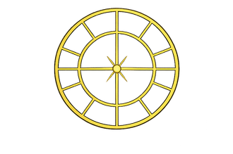 Antique gold Natal Astrology Wheel divided into twelve sections around a central star, representing the birth chart, life patterns, and self-understanding.