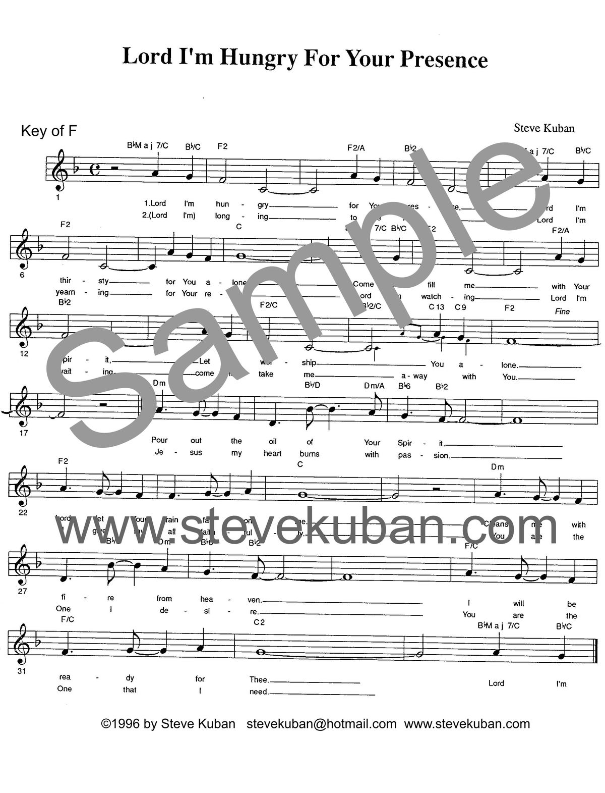Lord I'm Hungry For Your Presence - Leadsheet in F