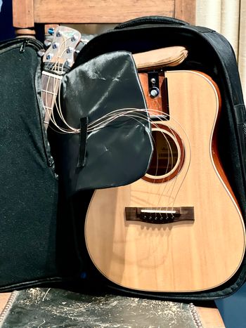 Journey Instruments OF412 travel acoustic. It goes in the overhead bin when I travel for work.  Detachable neck and yet somehow the damn thing holds a tune exceptionally well.
