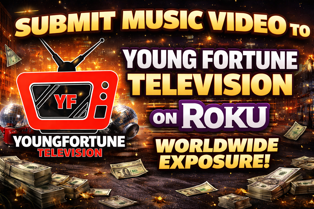 Young Fortune Television promo flyer. Young Fortune poses in black leather outfit. Gold background