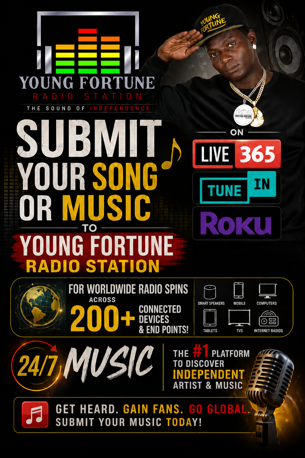 Iconic Starz Radio promotional flyer. Young Fortune poses in black and gold sweat suit. Flexing silver and gold bling neckless 