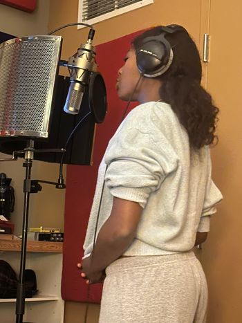 Elsa Merriman recording her original song "Know Me" at Jim Greer's studio in Berkeley 2024
