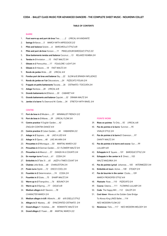 table of contents of CODA,  the complete ballet class sheet music for advanced dancers by Nolwenn Collet