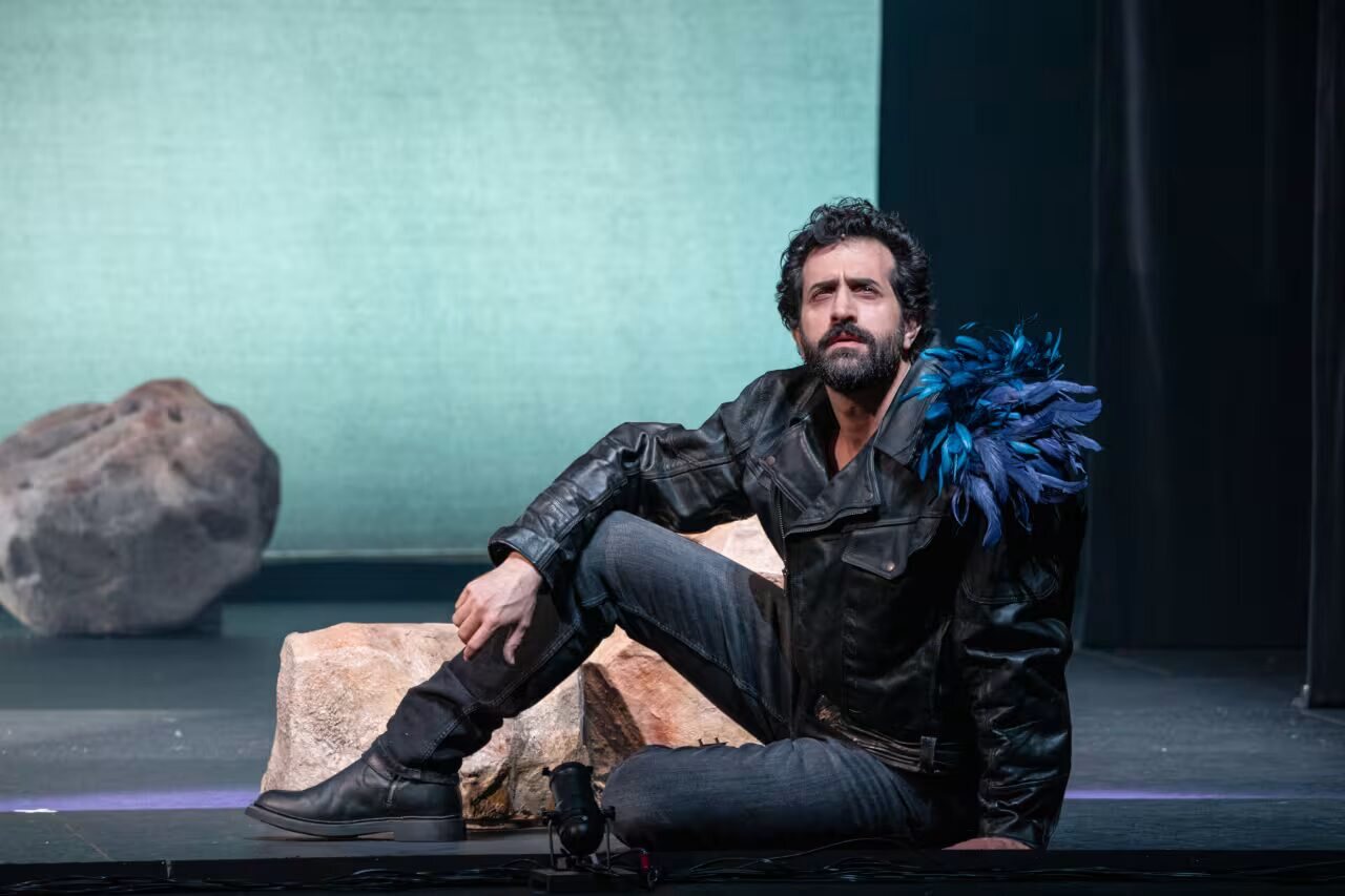 A singer with blue feathers seated on a rock