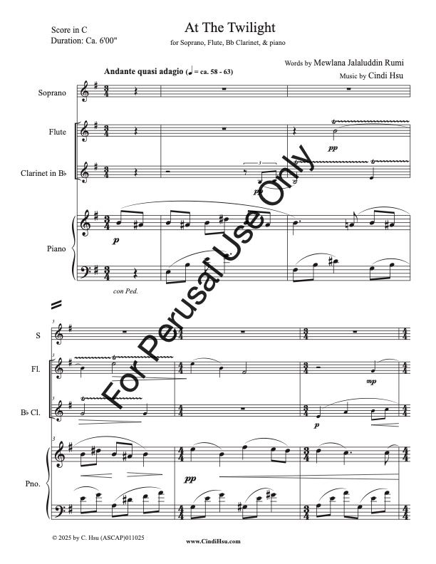 At The Twilight, for soprano, flute, Bb clarinet, and piano