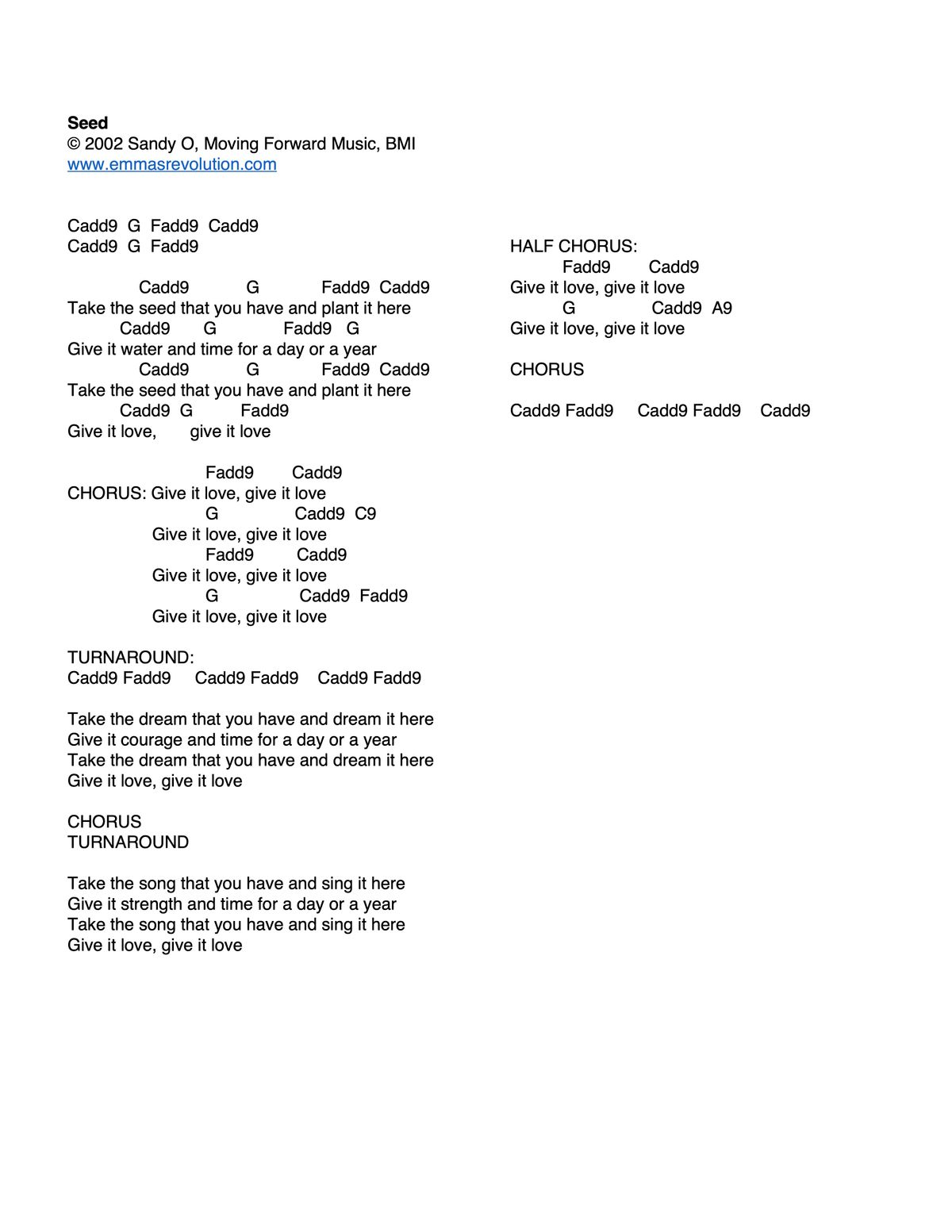 Seed - Lyrics with Chords in C