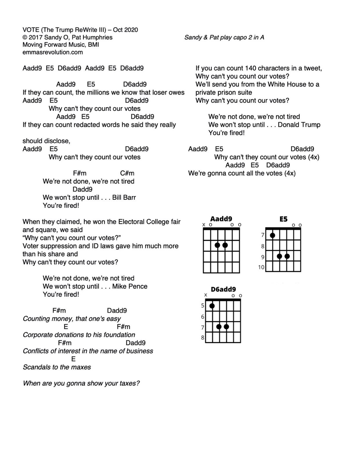 Vote (The Trump Rewrite III) - Oct 2020 - Lyrics with Chords as Sandy & Pat Play Them